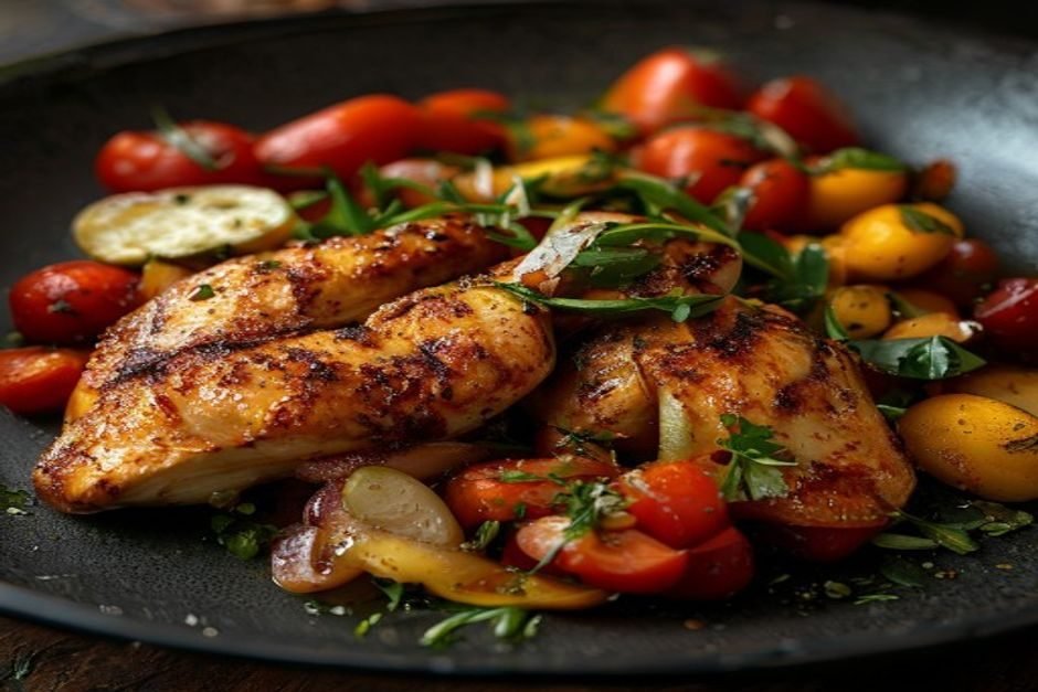 Frango grelhado com legumes assados no forno