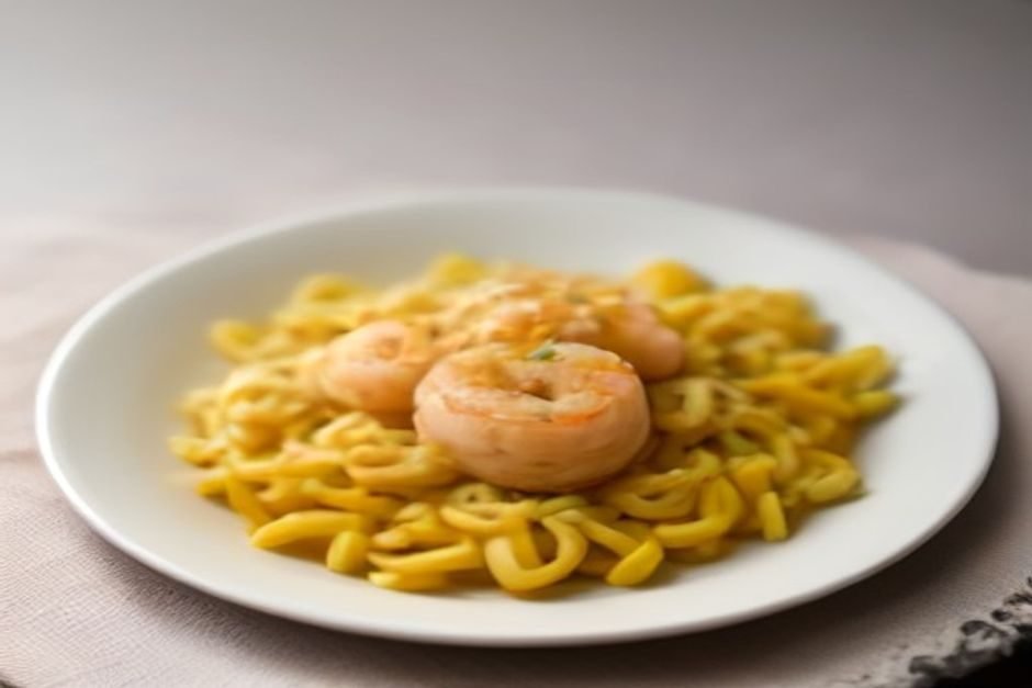 Strogonoff de camarão com arroz branco e batata palha