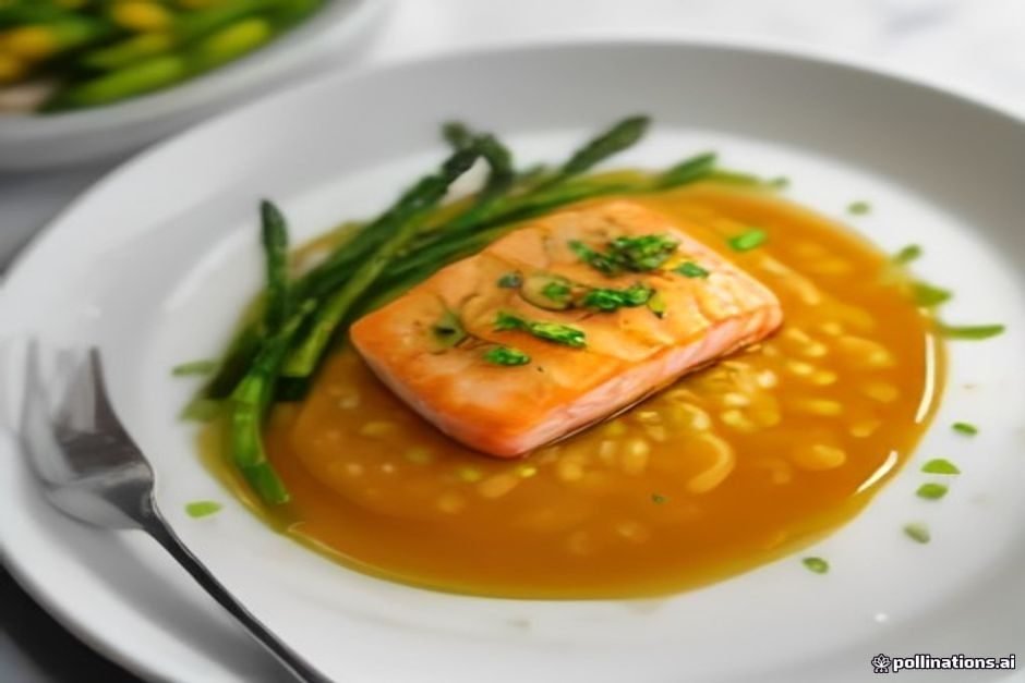 Salmão grelhado com molho de maracujá e aspargos