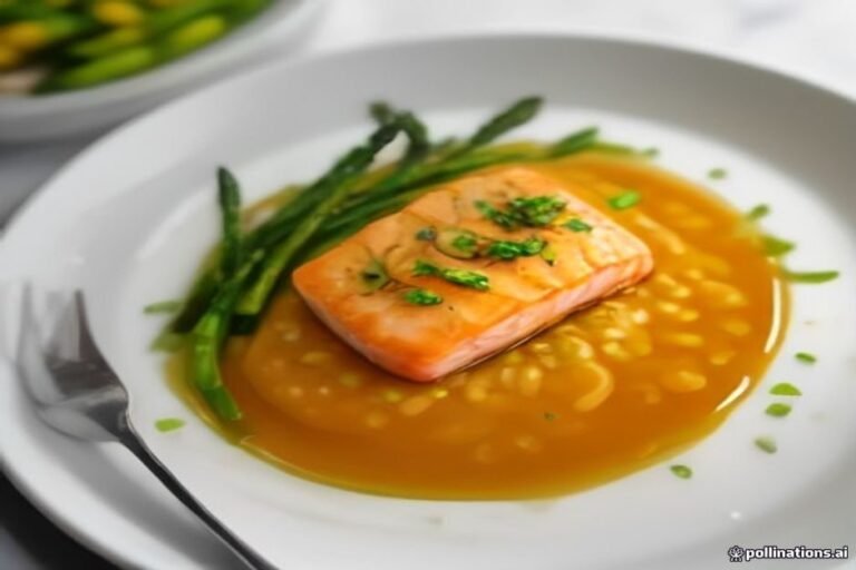 Salmão grelhado com molho de maracujá e aspargos